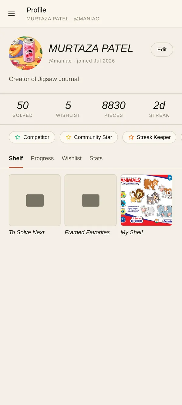 A personal shelf of collected and completed puzzles