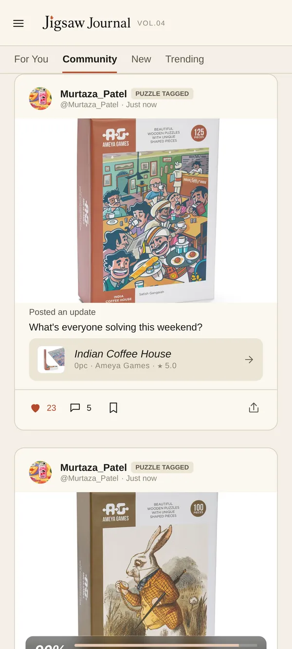 The community feed of reviews and finished puzzles