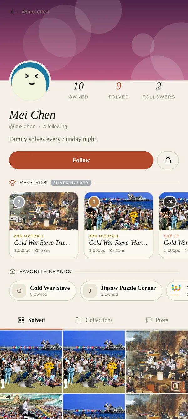 A member profile with records, favorite brands and a Follow button